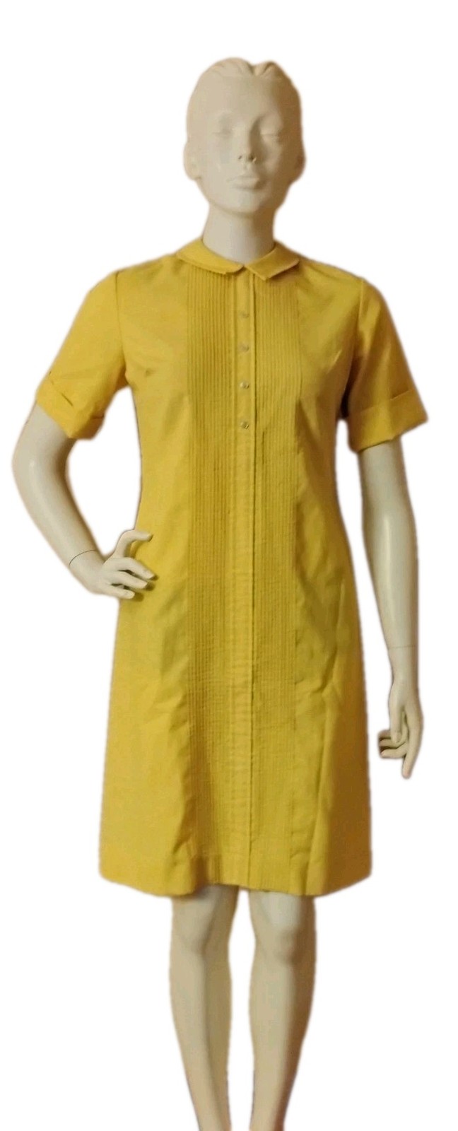 VTG 1970’s „the Art Shirt” Yellow Linen Pleated Ribbed Front Shirt Dress 9-10