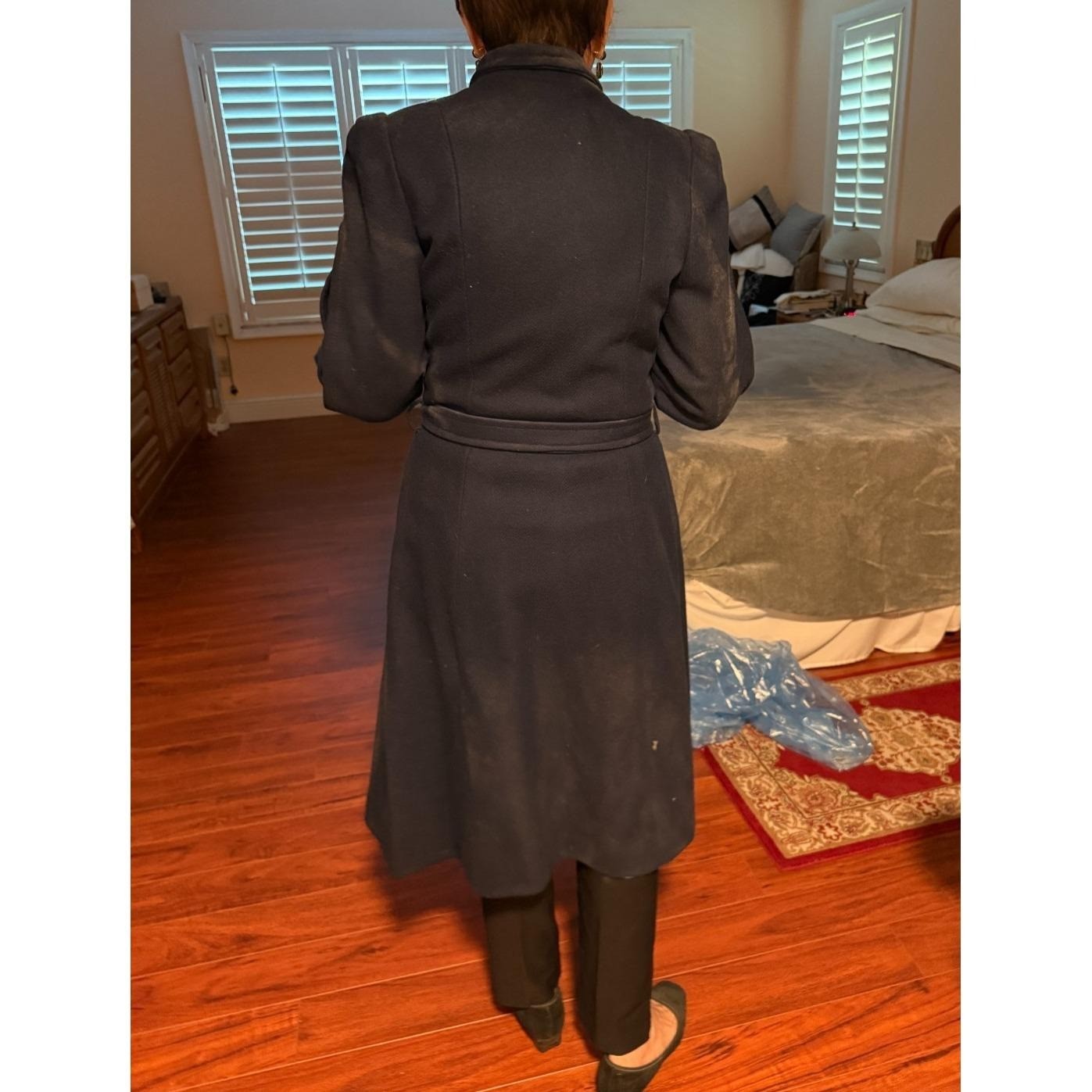 VTG 70s J. Gallery Navy Wool Wrap Coat Puff Sleeve Belted Shawl Collar 1978 FLAW