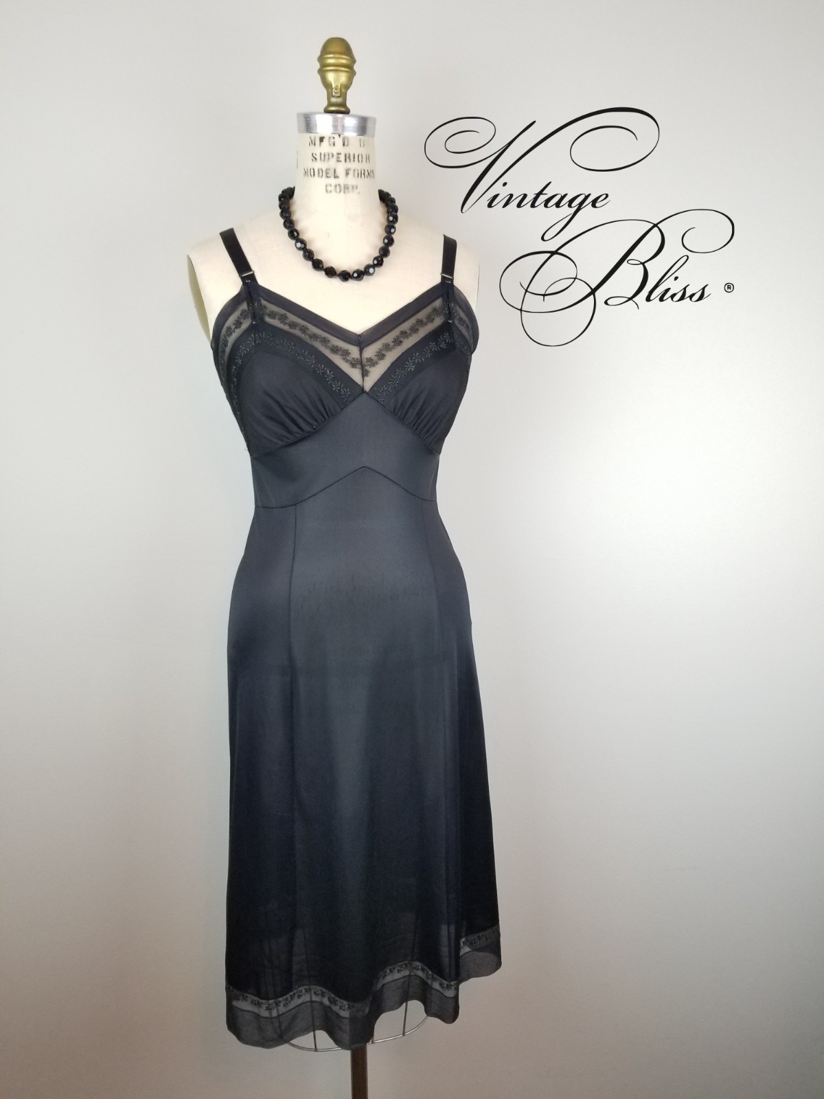 Vintage 1950’s Pretty Black Slip with Lace Detail Below the Knee Ladies Size 34