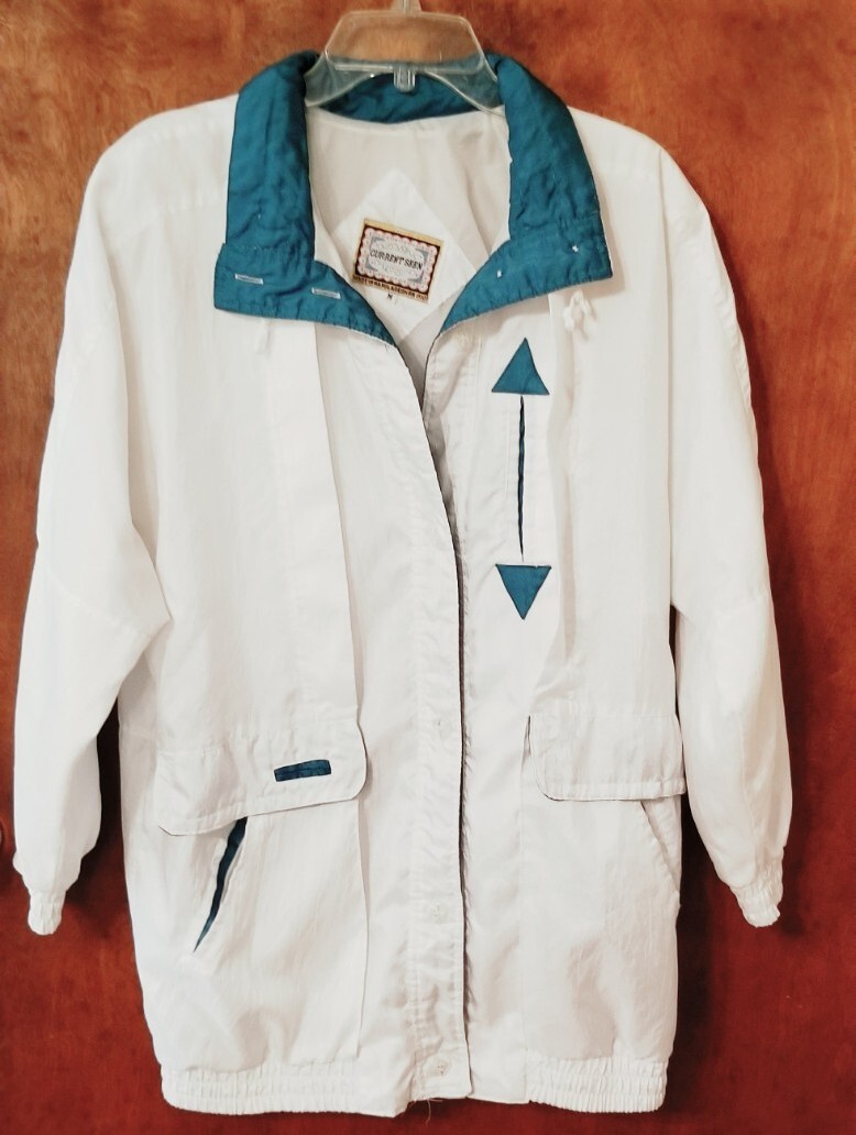 VTG Womens M/ L Current Seen Windbreaker Jacket Buttons Pockets White w/Teal