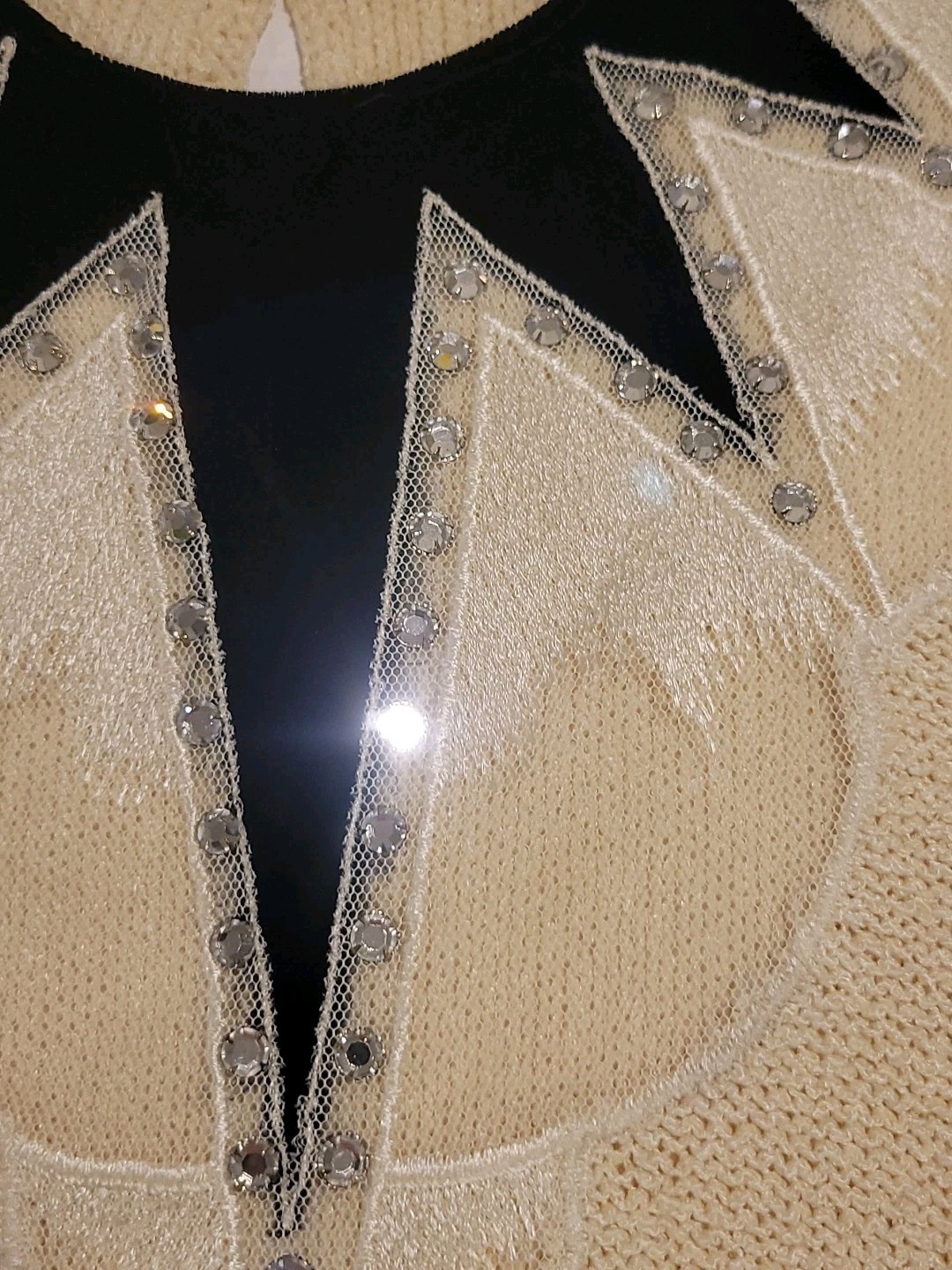 80s Ladies Sweater Lace Velvet Rhinestones Black Ivory Vtg Dressy Sz M New York