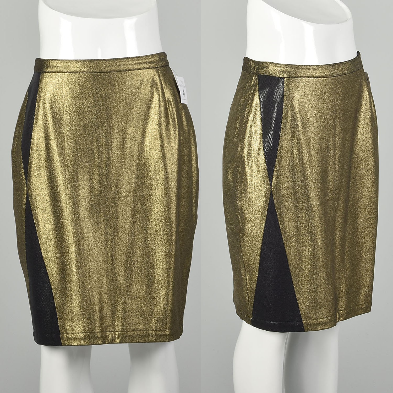 Medium 1990s Versace Spandex Pencil Skirt Metallic Gold Black Embellishment VTG