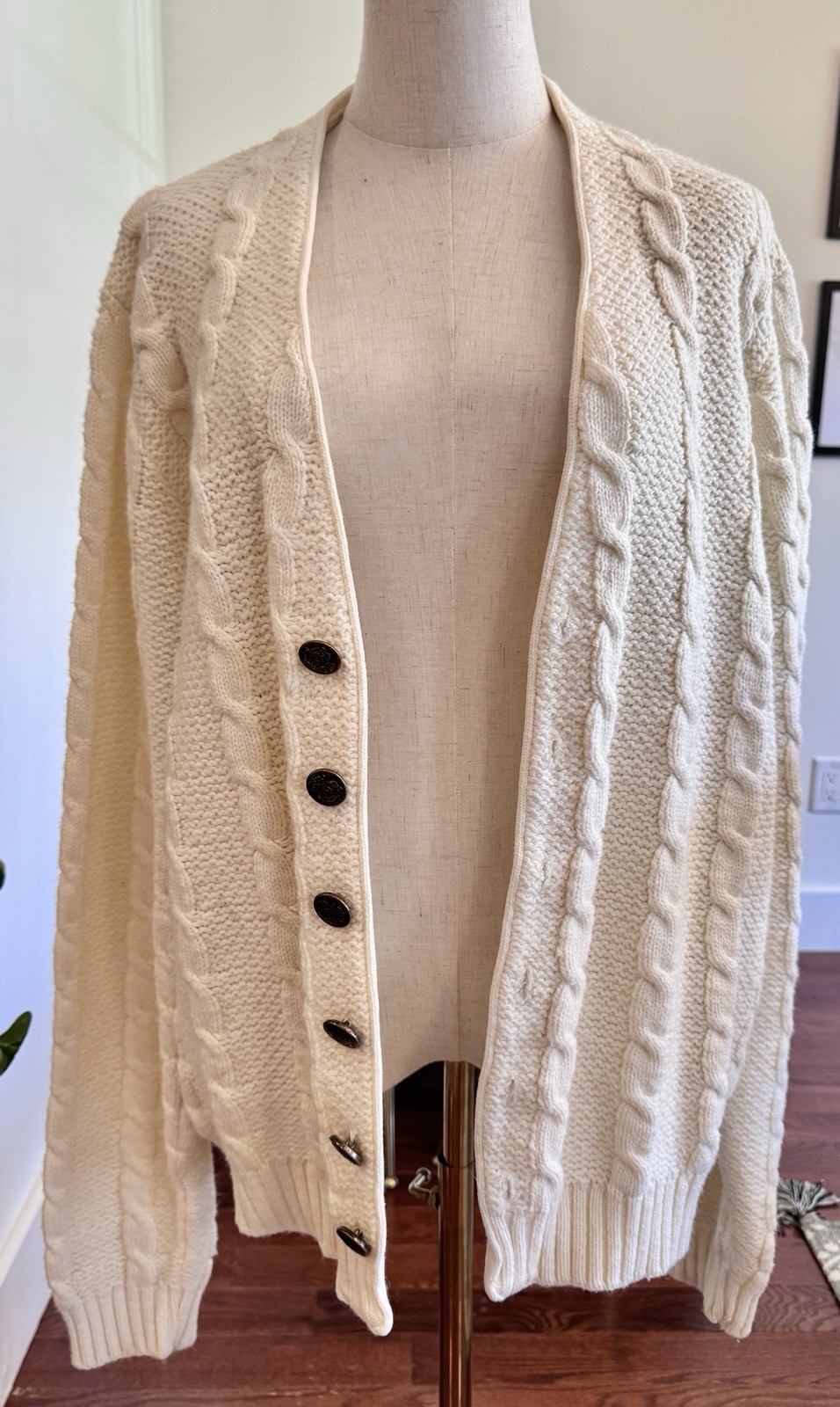 3X Vintage Wintuk Aberjona Cream White Ivory Chunky Knit Metal Button Up Sweater