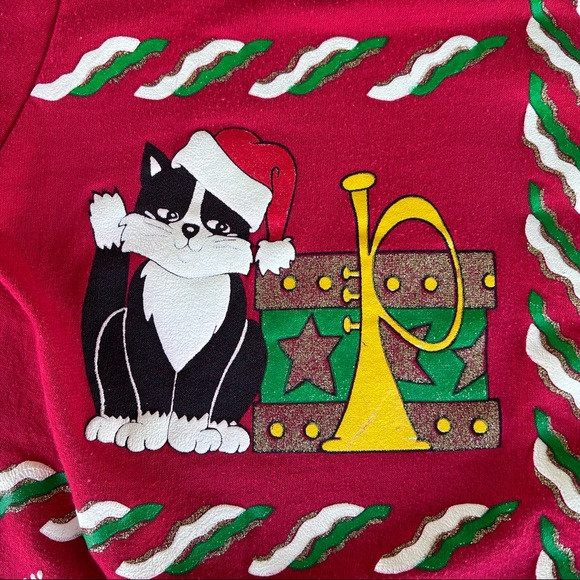 VTG Christmas Sweatshirt Cat Mouse Holiday Time Puffy Graphic Crewneck Med Red