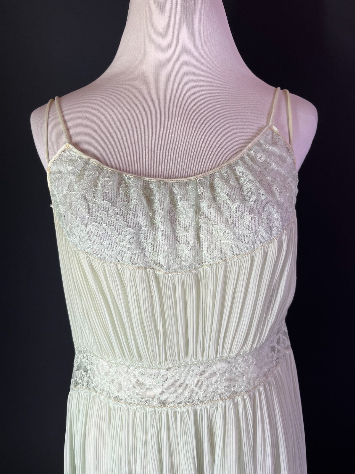 Vintage 1950s Barbizon Size 12 Miss Pale Green Nightgown Lace Sheer Sash