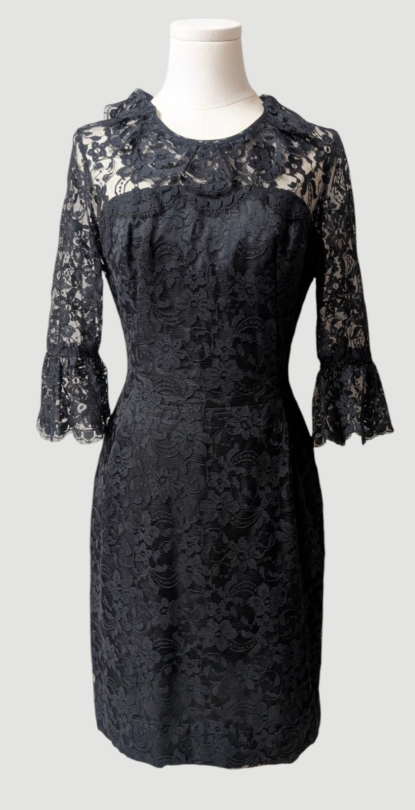 Joseph Magnin Vintage 60’s Black Lace Cocktail Illusion Dress Bell Cuffs LBD S