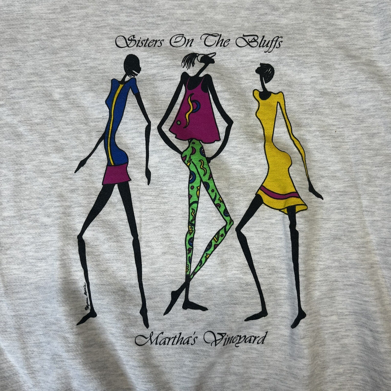 VTG Marthas Vineyard Womens Large Print Sister on the Bluff Gray Sweatshirt