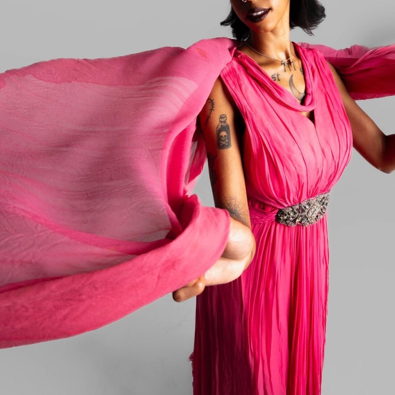 Vintage 60s Pink Silk Rayon Chiffon Gown with Rhinestone