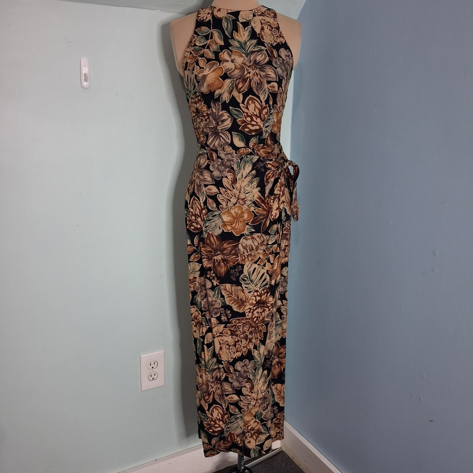 All That Jazz VTG 90s Floral Maxi Dress Halter Neck Tie Waist Brown Black 5/6
