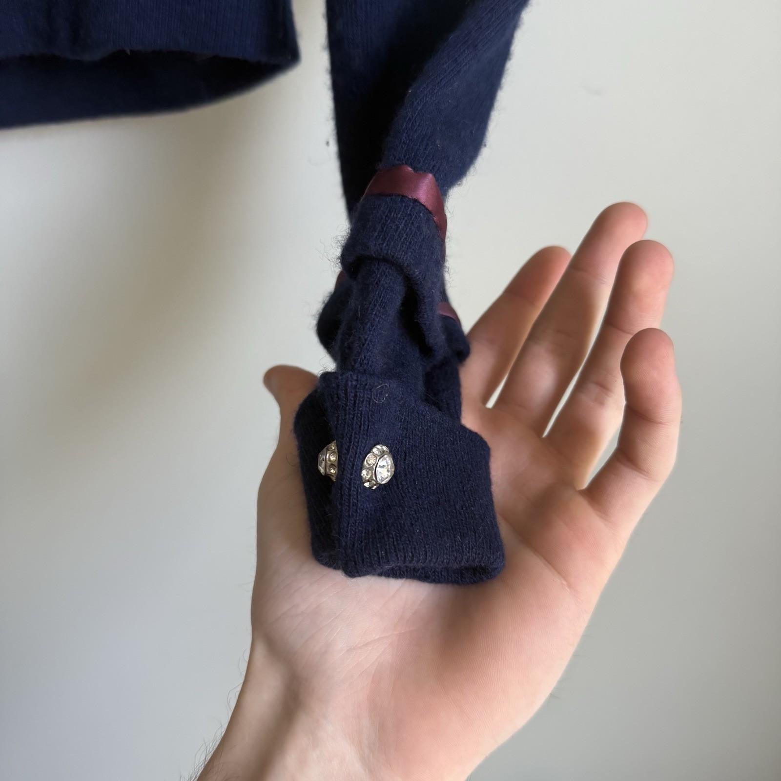 Vtg 1950’s Pringle of Scotland Cashmere Cardigan Mink Fur Collar Navy Womens S/M
