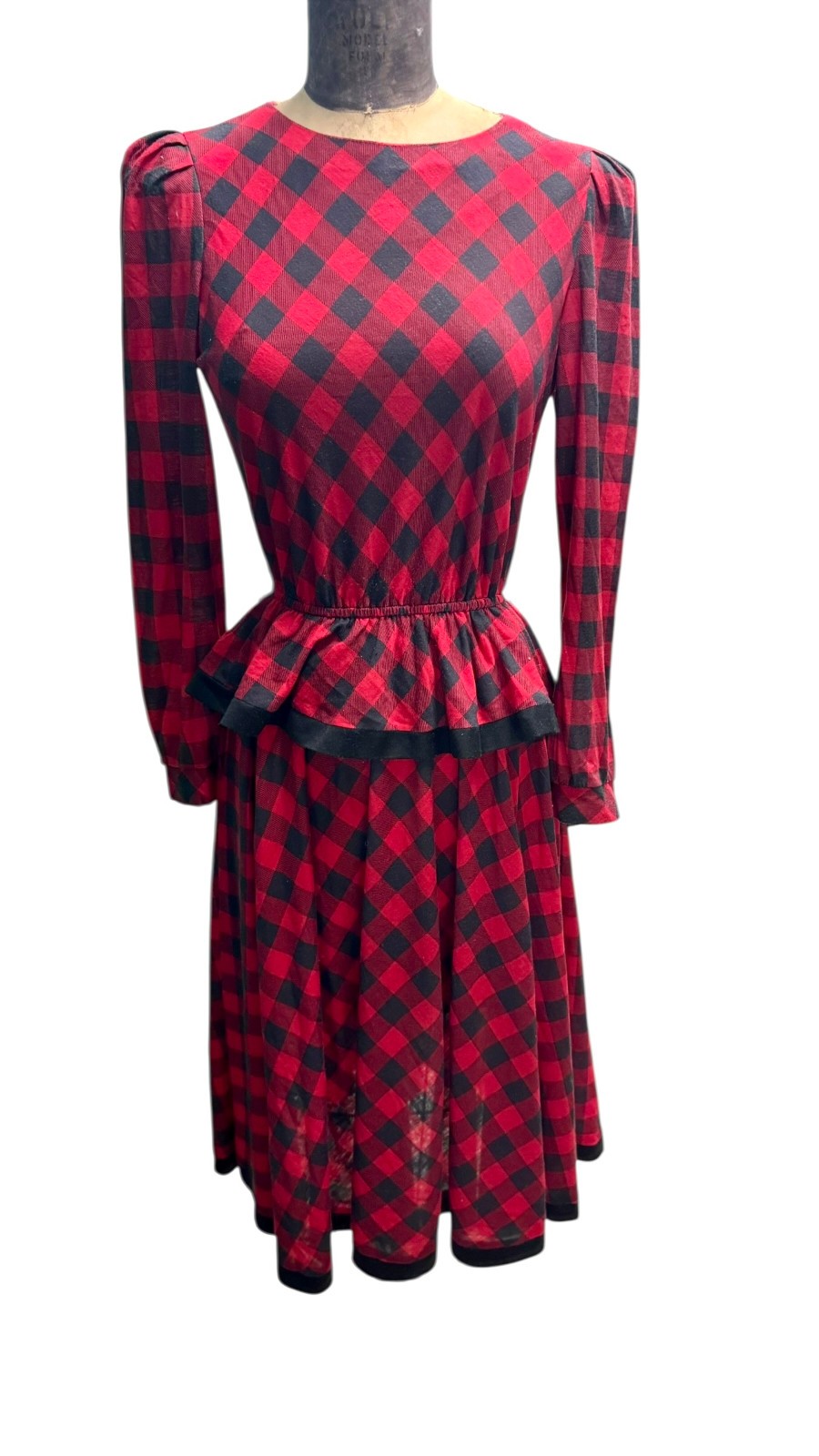 Vintage 1980s John Roberts Red Black Buffalo Check Dress Peplum Waistline Med