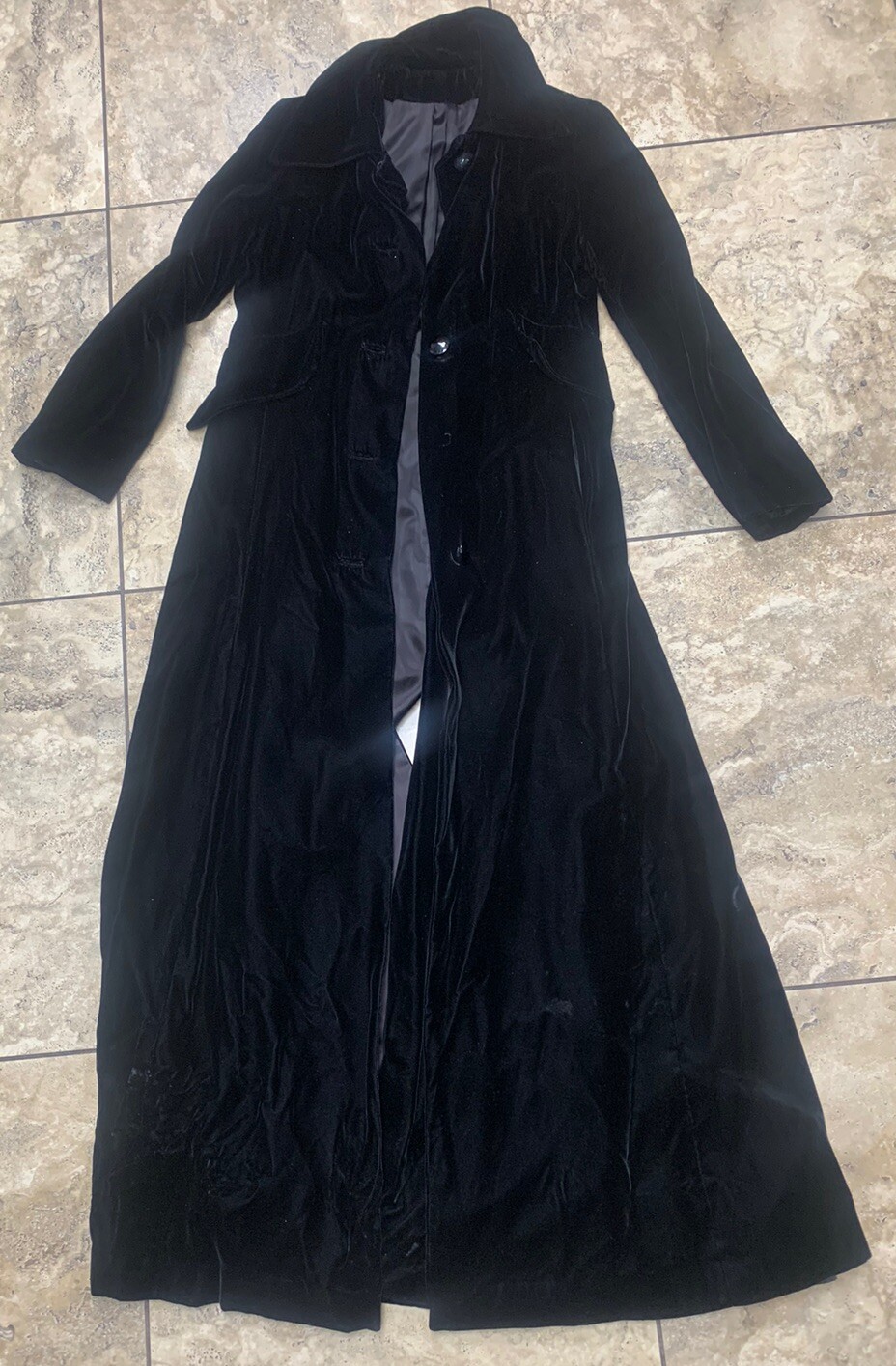 Vintage Velvet Opera Coat Medium Black Buttons Long Classic Witch Salem, MA