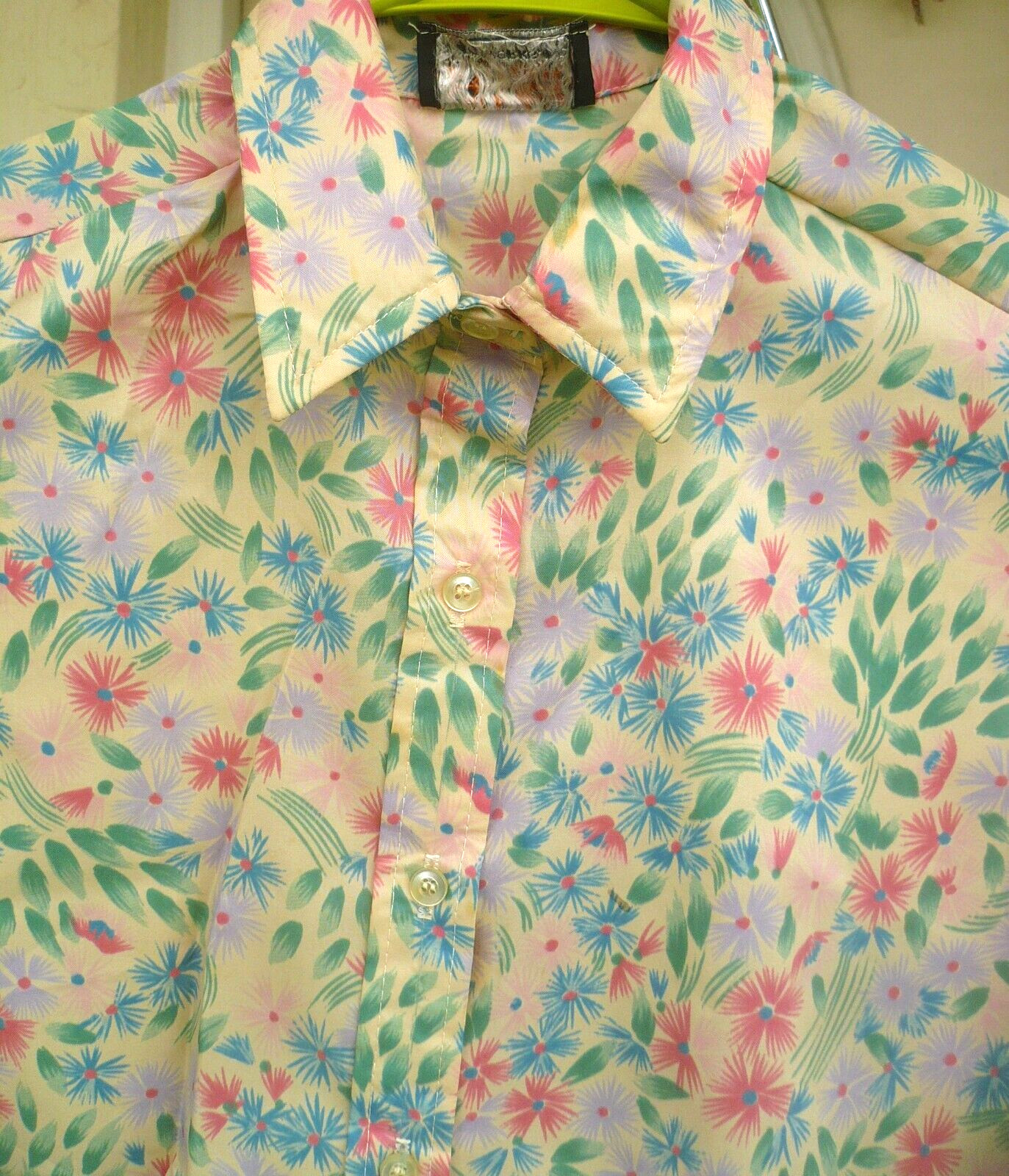 VTG CITY LIGHTS M BLUE PINK FLORAL SILKY BUTTON UP SHIRT BLOUSE COTTAGECORE 80S