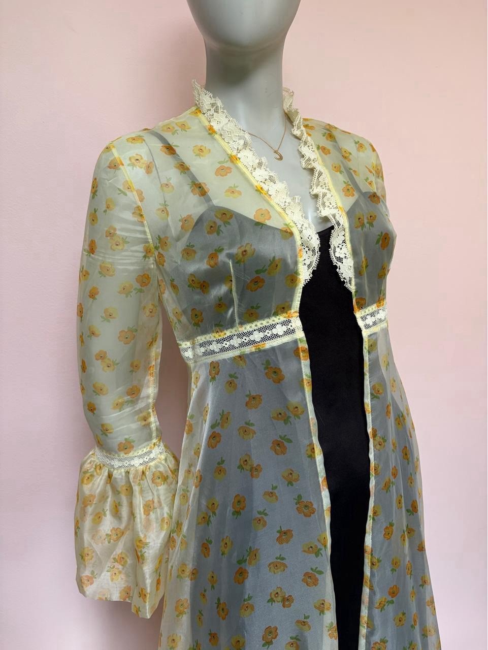 Vintage 70s Sheer Floral Maxi Hostess Gown Duster Dress Prairie Bell Sleeve S