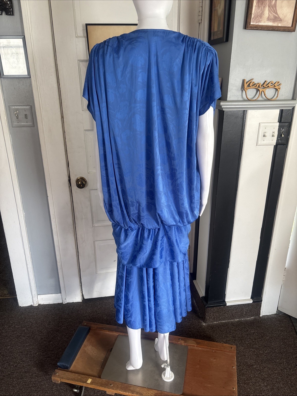 80s RICCARDO Drop Waist Dress Blue Size 16.5 USA made Silky Floral Shoulder Pads
