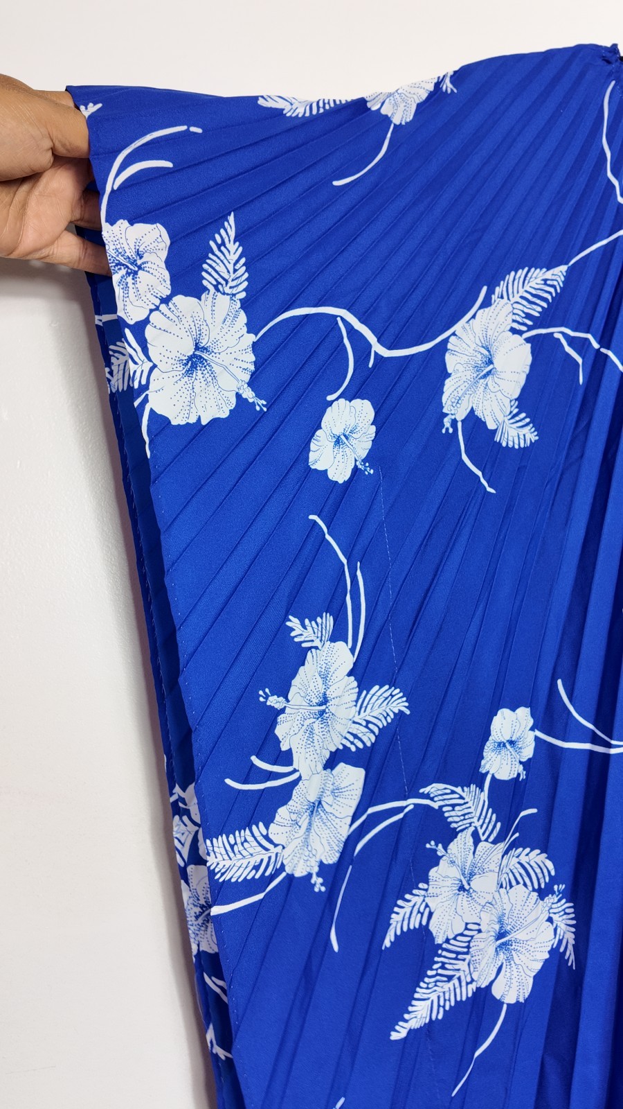 Vintage 70s 80s Royal Palm Hawaii Blue Pleated Kaftan Hibiscus Floral Dress