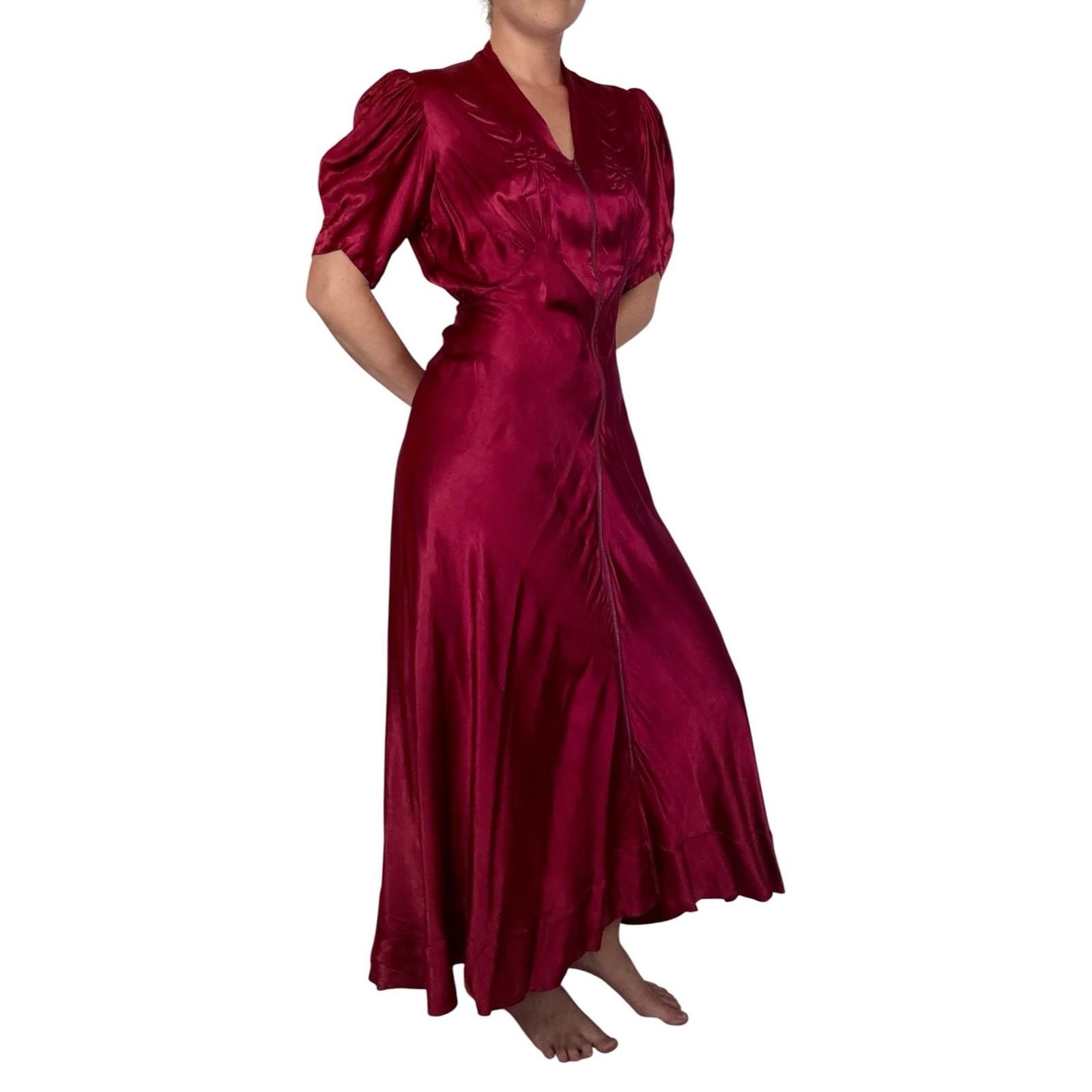 Vintage 1930s Liquid Satin Gown Quilted Floral Bias Cut Maroon Lounge Dress Gown