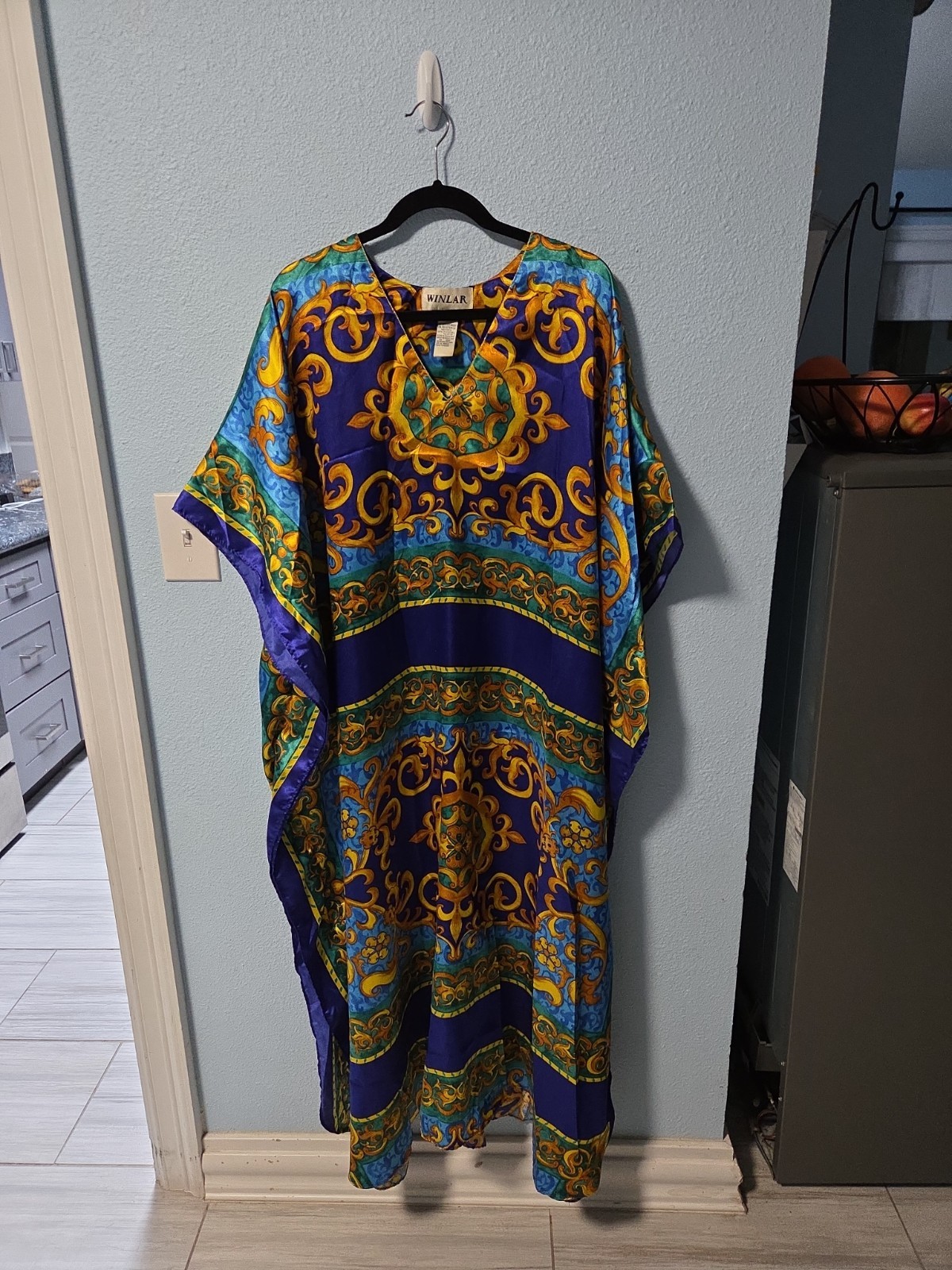 vintage 1980s Winlar satin kaftan blue and gold baroque-style print