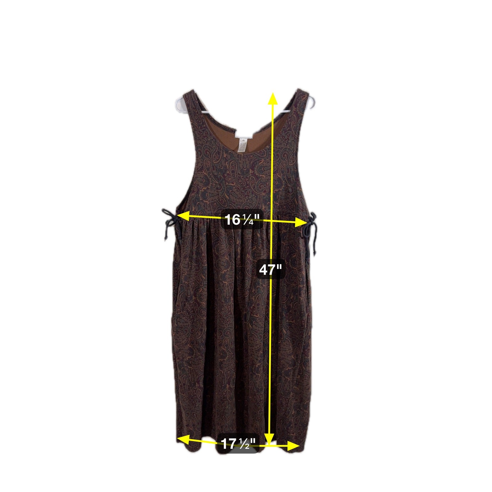 Vintage 90s Brown Cotton Paisley Sleeveless Jumper Midi Dress Jones New York