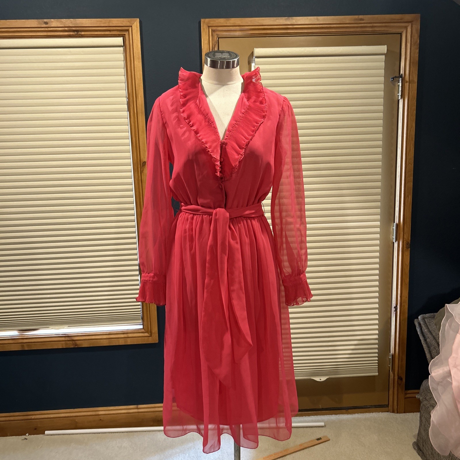 Vintage 80s Designer Lillie Rubin Pink Sheer Chiffon Valentine Party Belt Dress