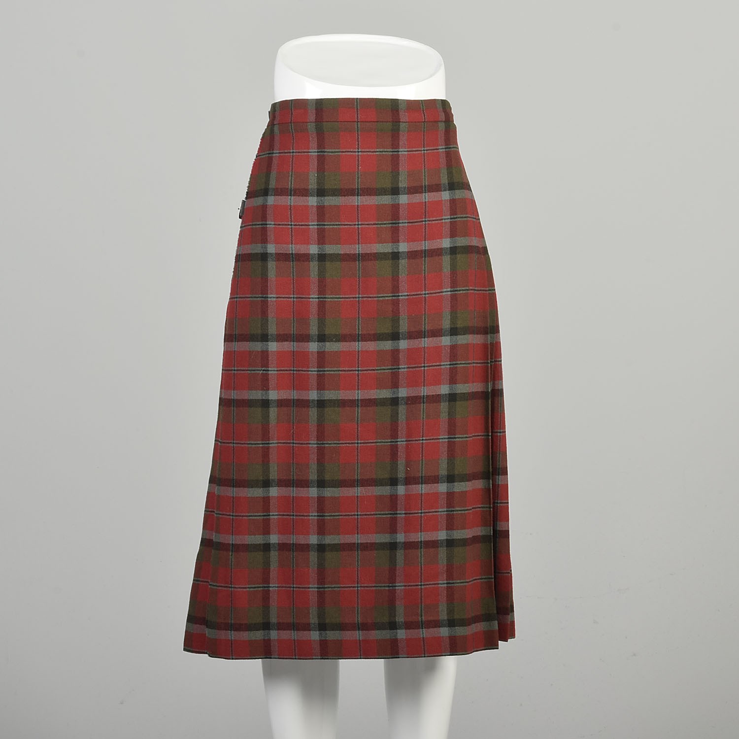 Small 1980s Burberrys Wool Wrap Skirt Red Green Plaid Adjustable Buckle Midi