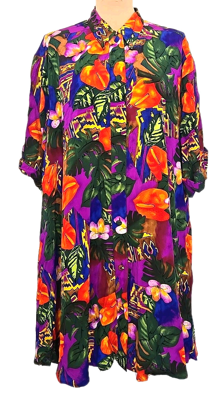 Vtg Pat Argenti 100% Silk Shirt Dress Multicolore Hawaiian Flowers Retro size 6