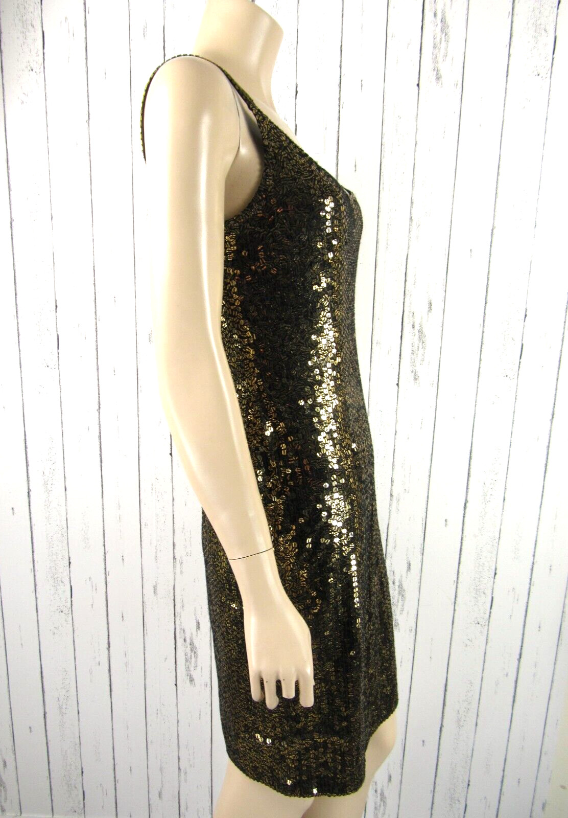 Vintage 80s 90s BLACK TIE Black Gold Sequin Beaded Slip Dress Mini Party Prom M