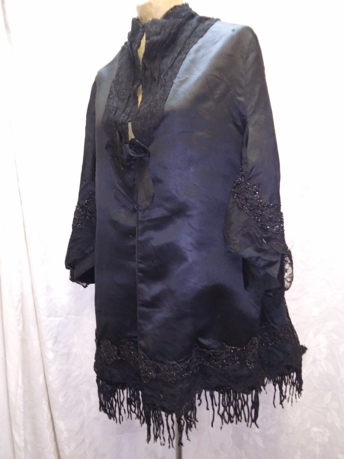 Vintage 1890’s 1900’s Black Satin Rayon Beaded Fringe Lace Coat Size M/L