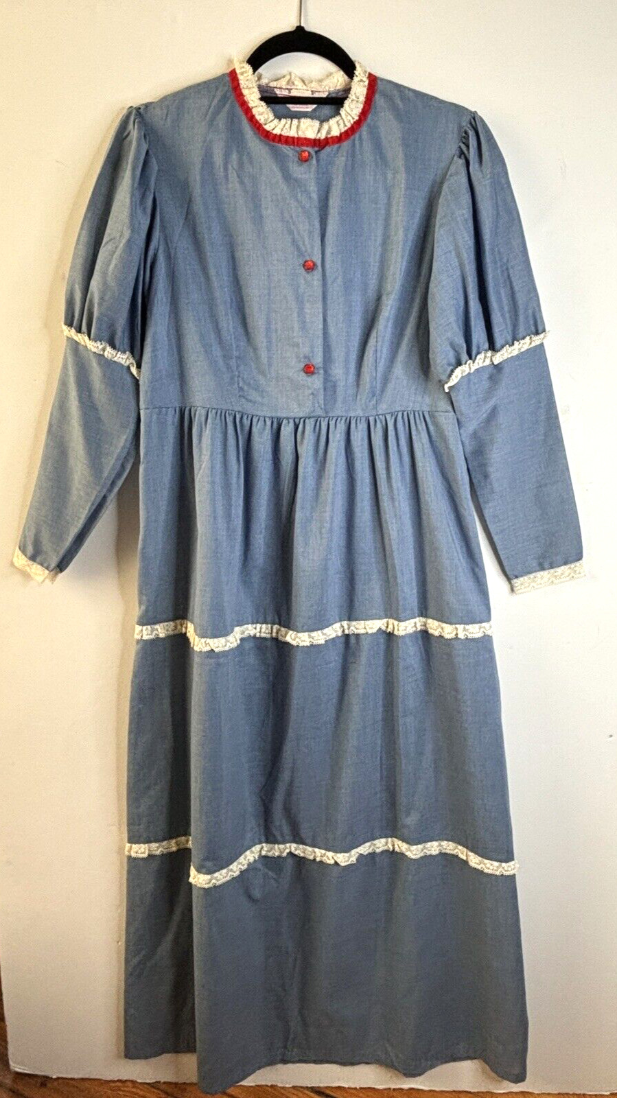 VTG 60’S SEARS HIPPY BOHO RUFFLED LACE PRAIRIE DRESS BLUE COTTON CHAMBRAY*S/M