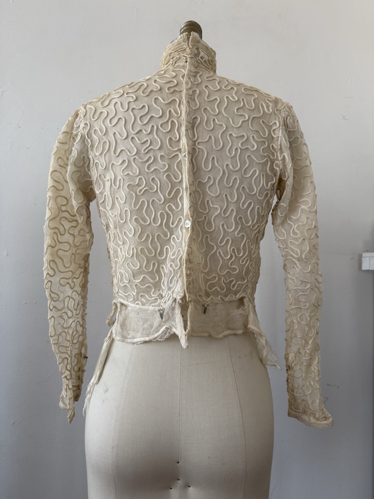 Antique Sheer Net Lace Blouse Top Cord Soutache Embroidery Art Nouveau Bridal XS