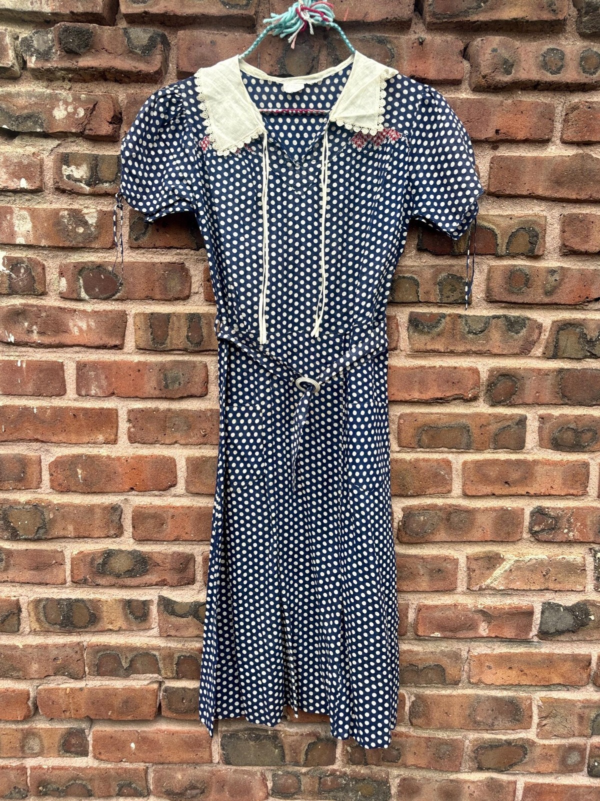 Vintage 1930s Polka Dot Organdy Blue and White Short Sleeve Day Dress Small