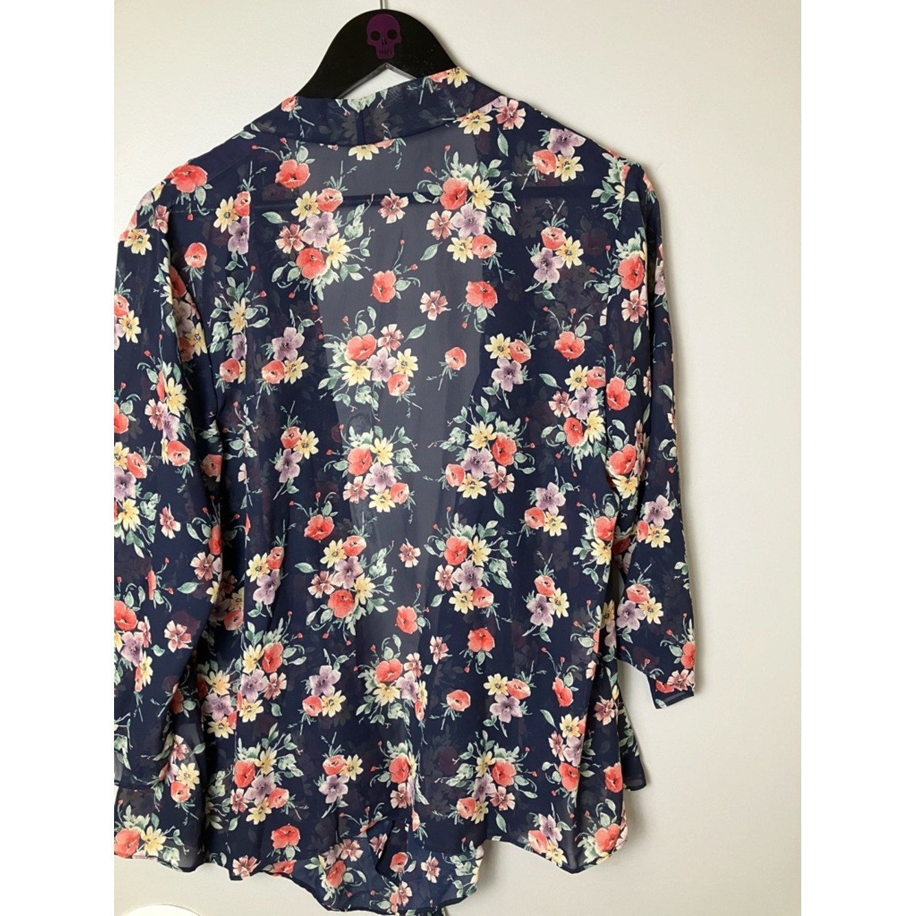 Vintage Navy Floral Sheer Kimono Open Cardigan Cottagecore Romantic Size Medium