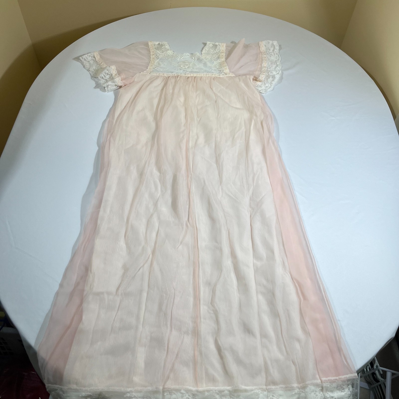 Vintage 60s St Michael Pink Sheer Nightgown Lace Coquette Cottagecore Size 6