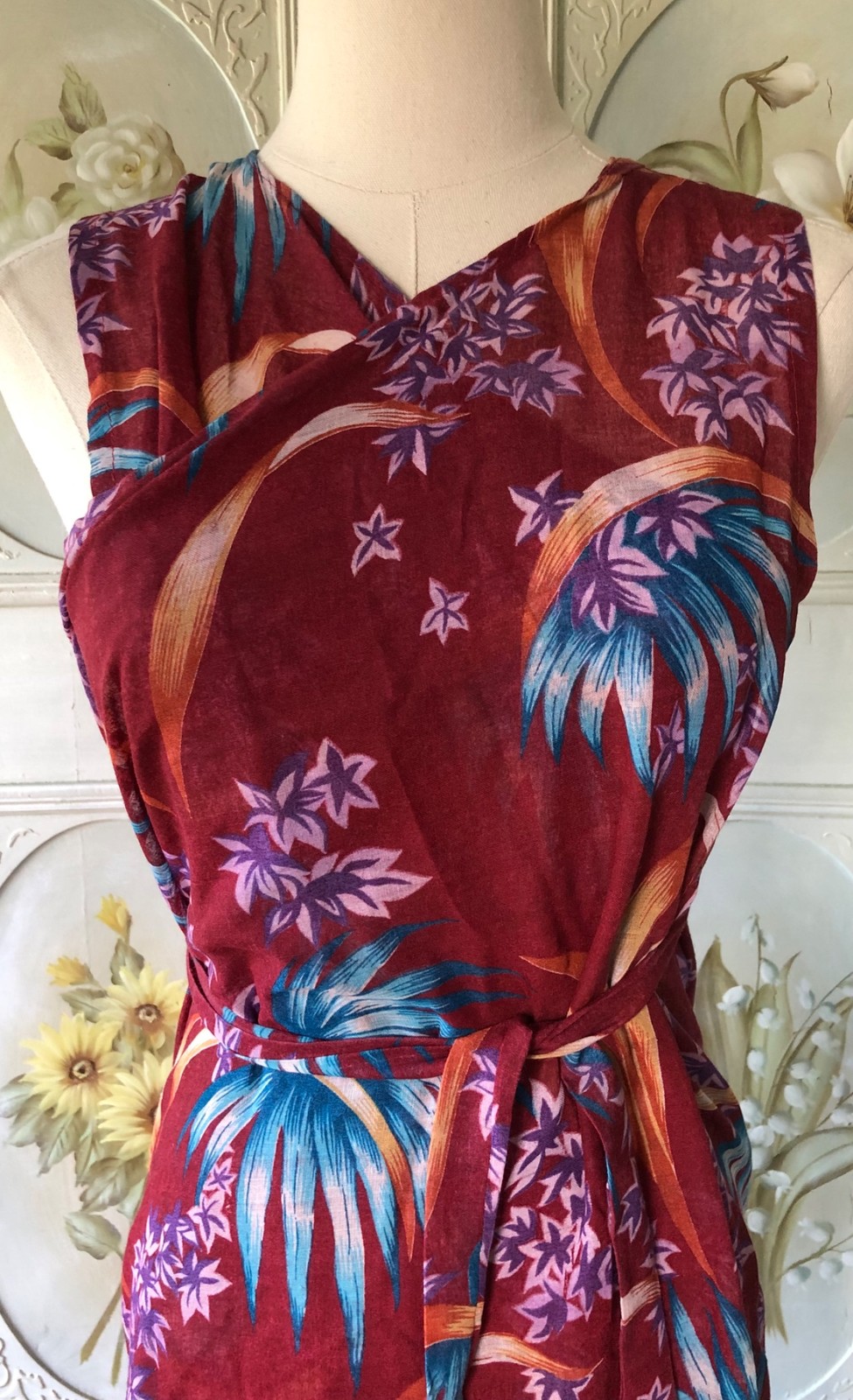 VTG COTTON VOILE SHEER MAROON RED ALOHA SARONG WRAP DRESS BEACH COVER UP FLORAL