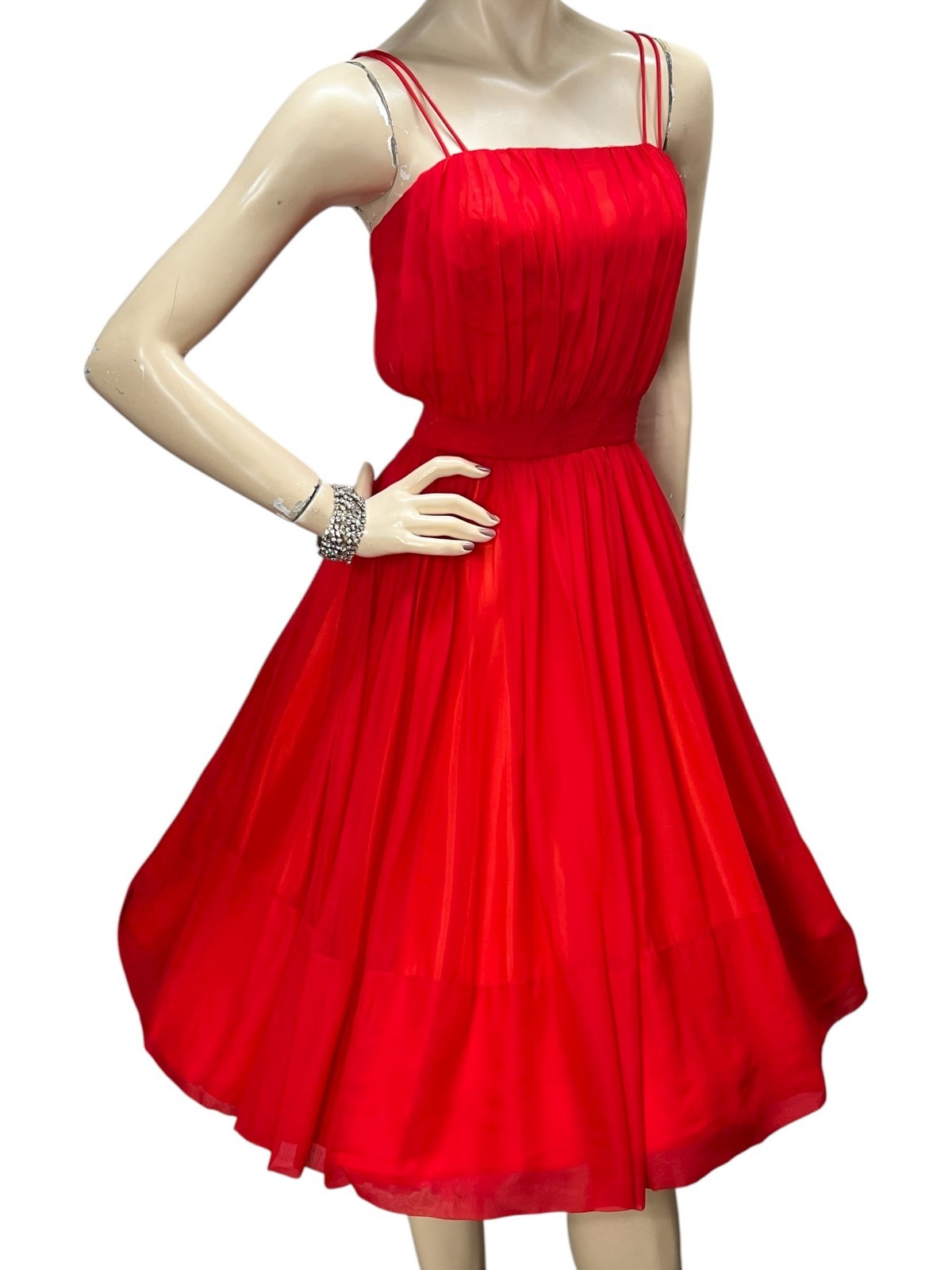 Vtg 50s 60s Sz S~M Dress Red Chiffon Prom Party Jr Theme New York