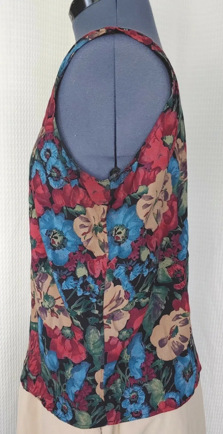 Vintage Wrapper Red/Blue/Tan Floral Tank Top/Sleeveless Top 40″ Bust Sz L?