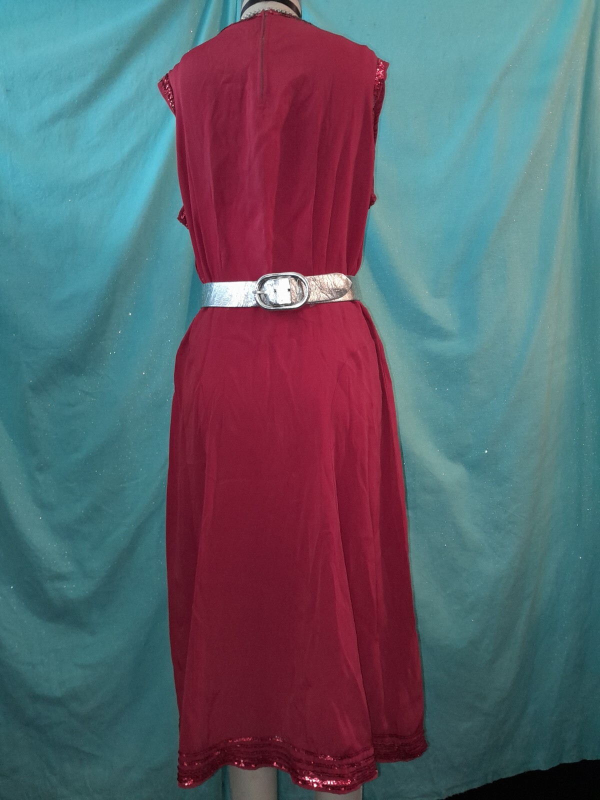 Vtg 30s 40s Red Sequin Rayon Crepe Studded Custom Short Party Evening Dress W30
