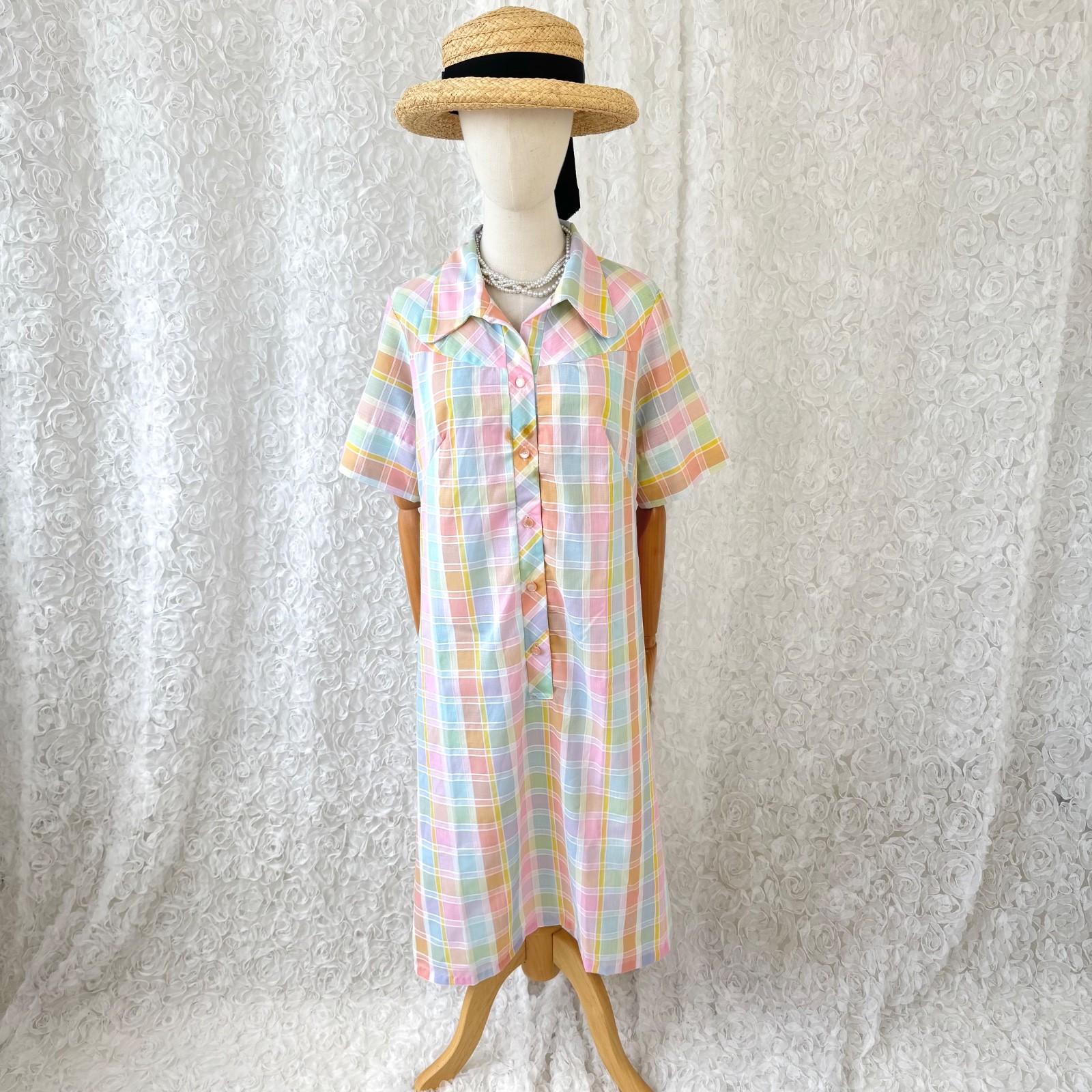 Vintage 70s Style Pastel Plaid Shirt Dress Made in USA Cottagecore