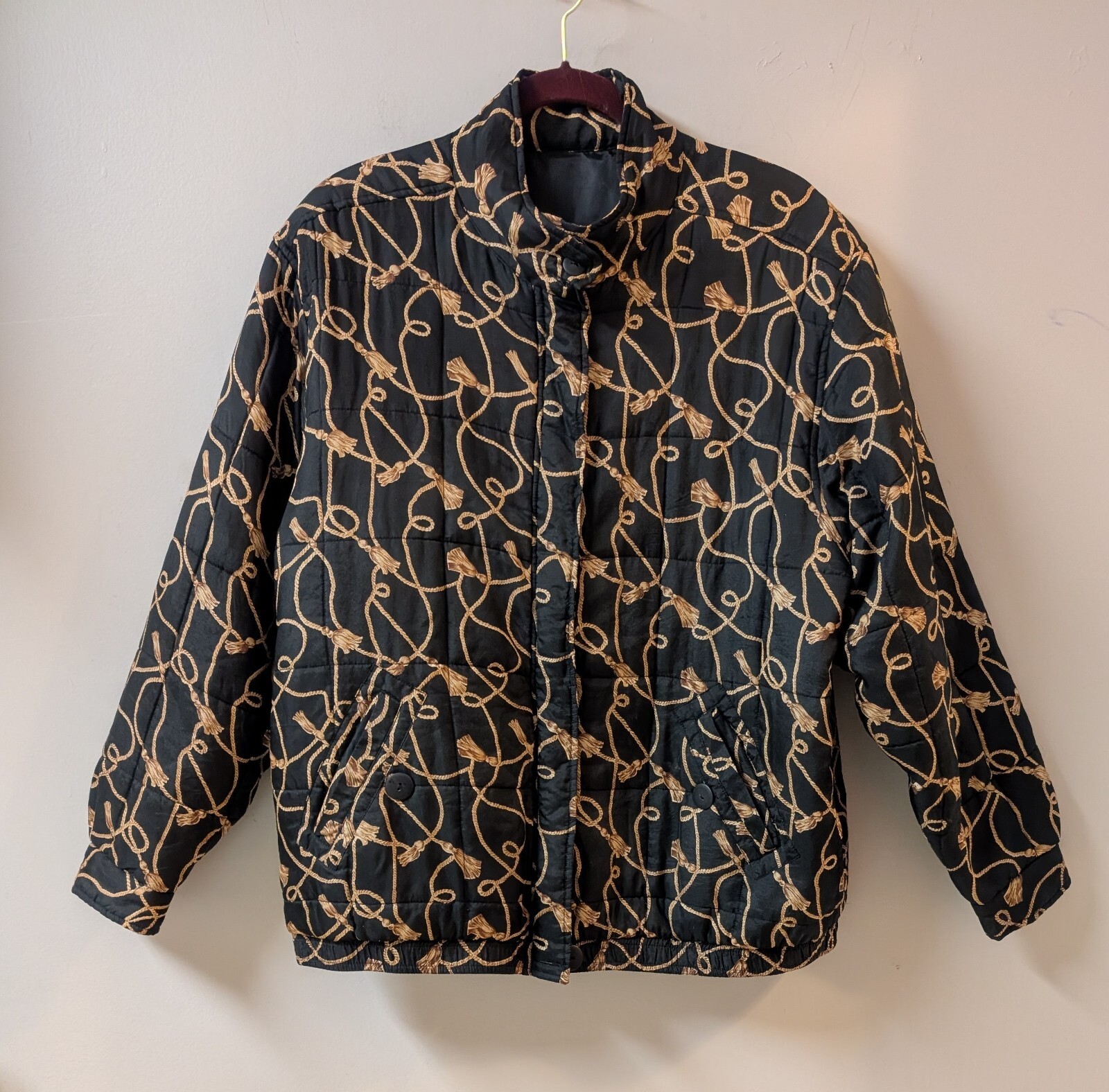 Vintage 80s 90s Women’s Silk Bomber Jacket Full Zip Pockets Tassels Rope XL