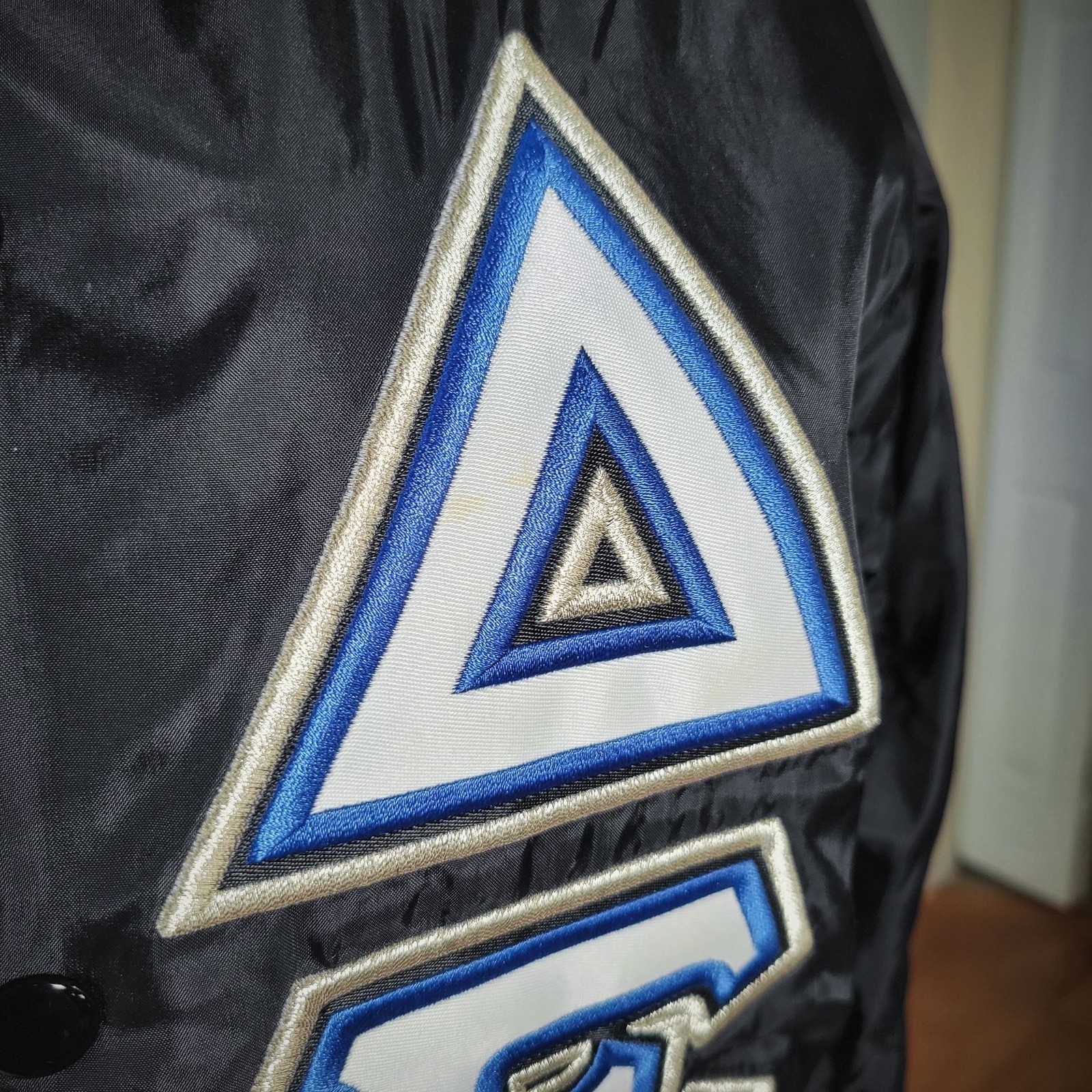 Vintage 90s Cardinal Delta Epsilon Mu Sorority Coach Jacket Black Snap S