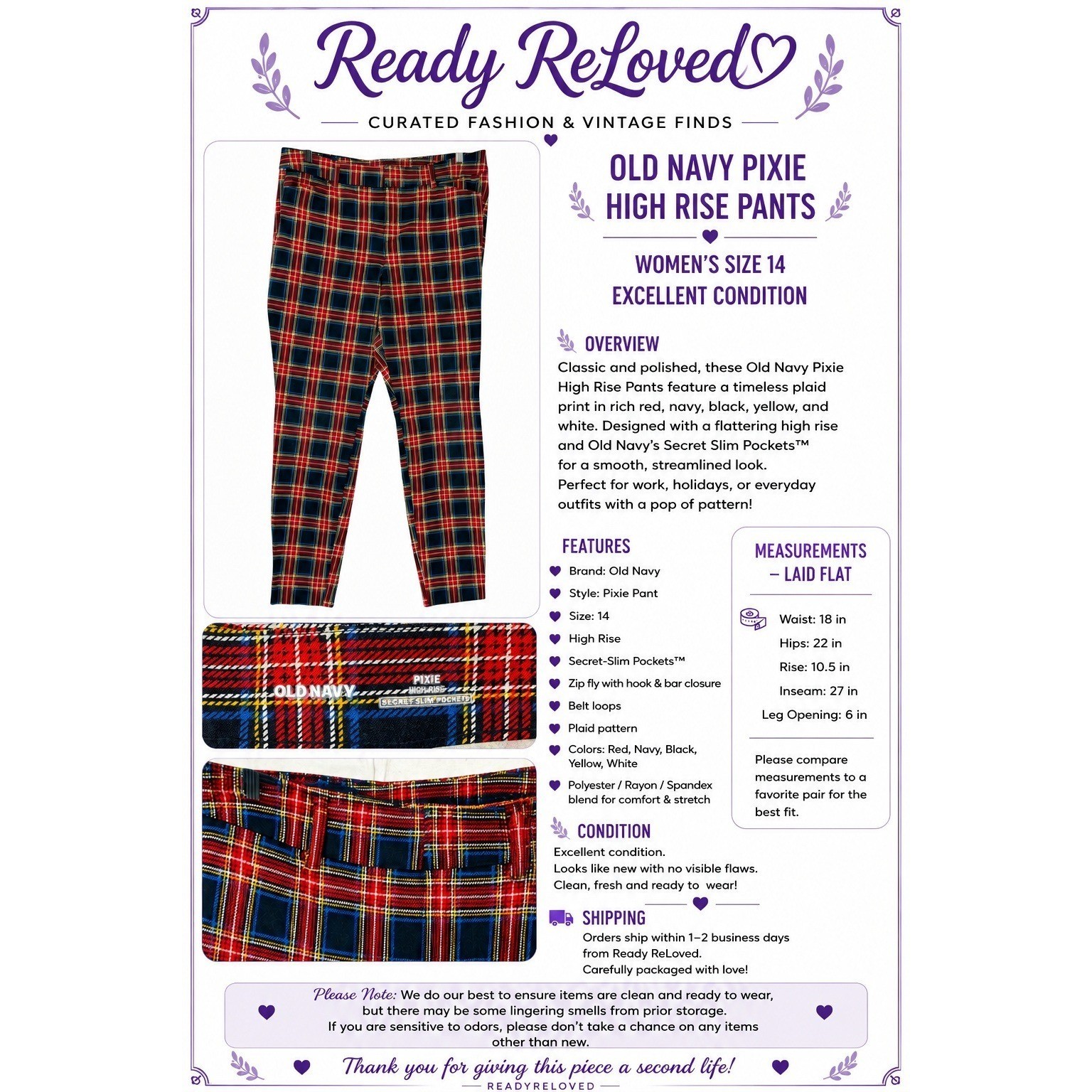 Old Navy Pixie High Rise Plaid Pants Size 14 Red Tartan Secret Slim Pockets