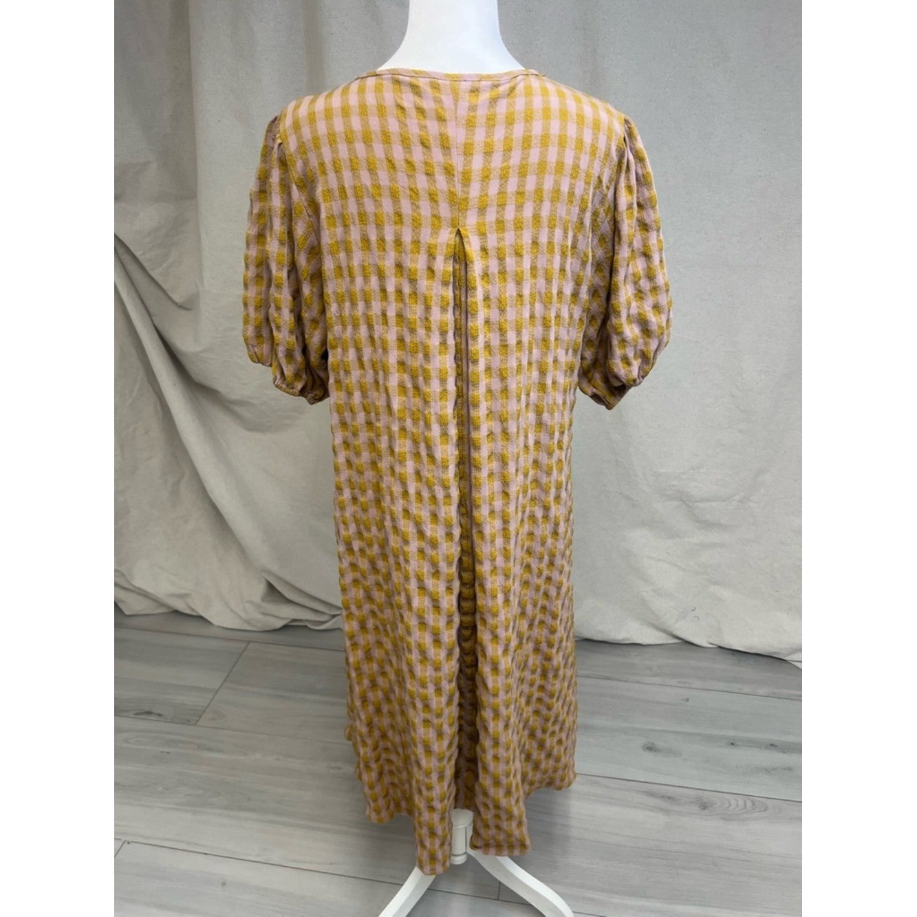 Reminiscence Gingham 3/4 Sleeve V-Neck Midi Dress Mustard Pink Sz XL Cottagecore