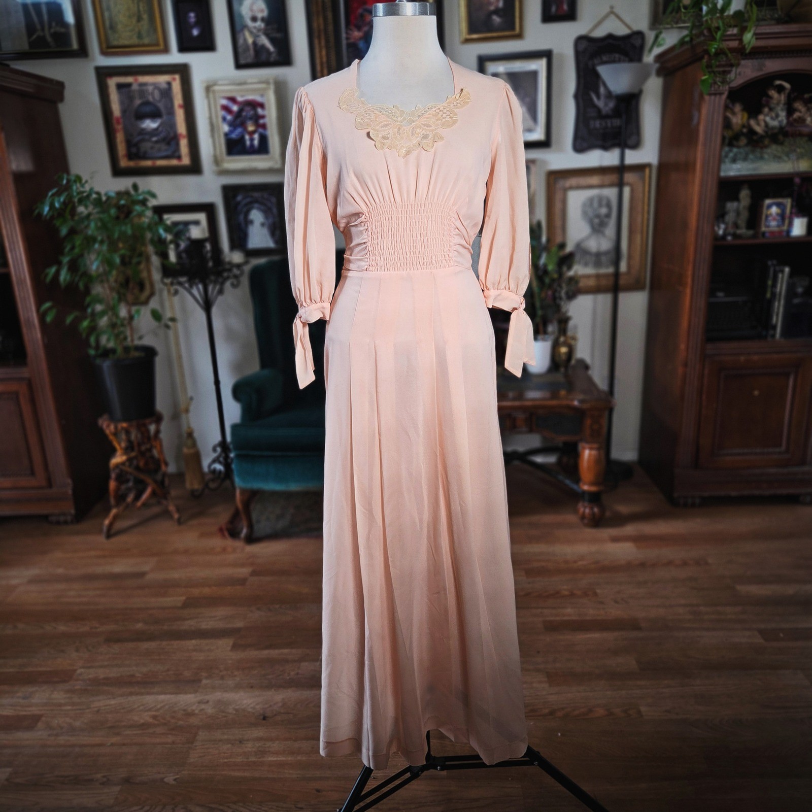 Malibu Media Maxi Dress Vintage 70s Peach Lace Smocked Waist Balloon Sleeve