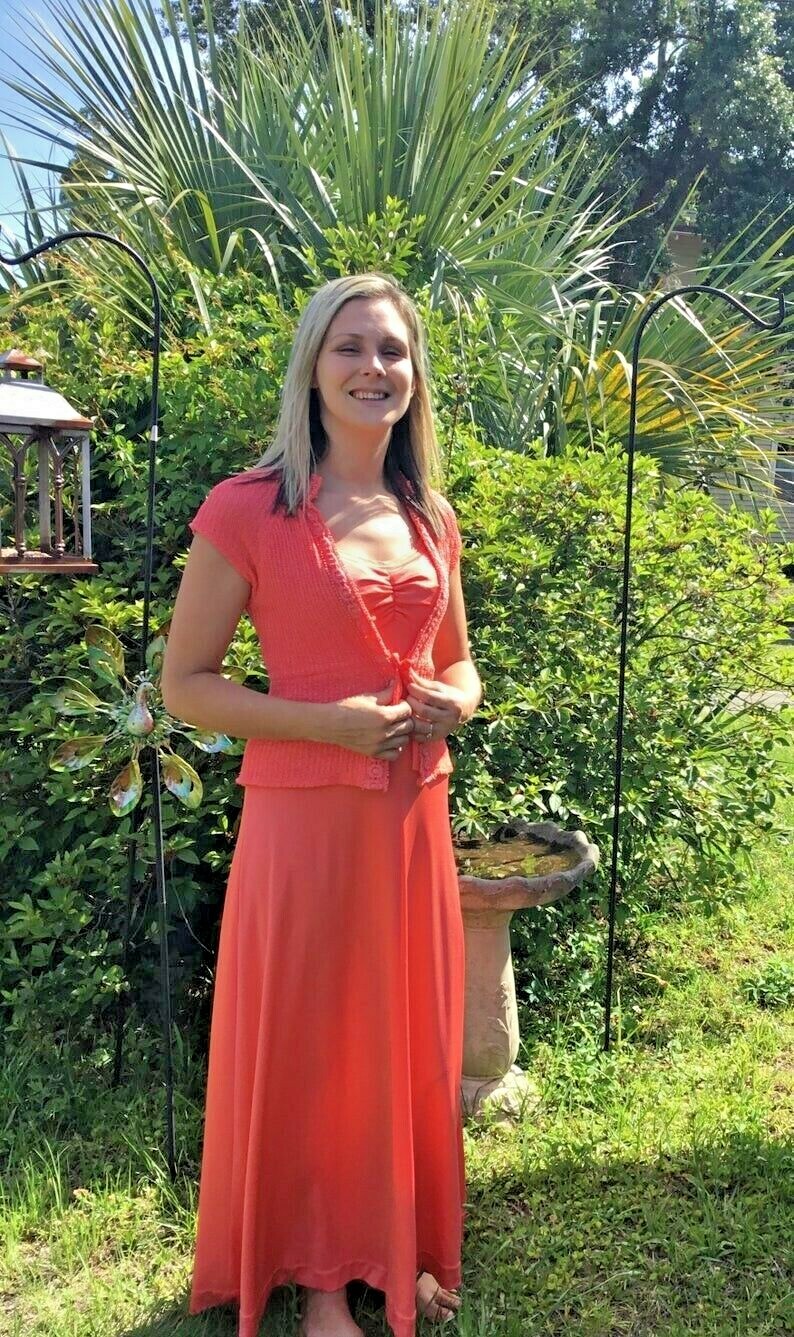 70’s Vintage Coral Boho Maxi Sundress and Hippie Knit Sweater Set