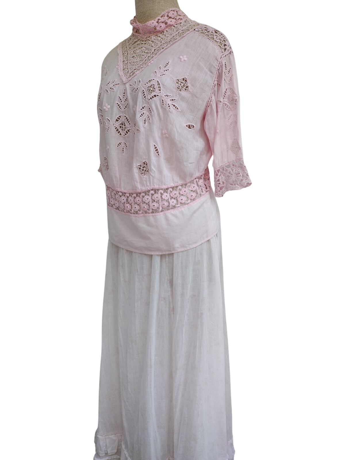 Antique Edwardian Victorian Pink Floral Bouquet Lace Prairie Maxi Dress Size S