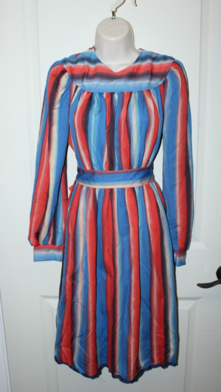 Vintage 1970s Homemade Womens Dress Red White Blue (damage/holes) S/XS Striped