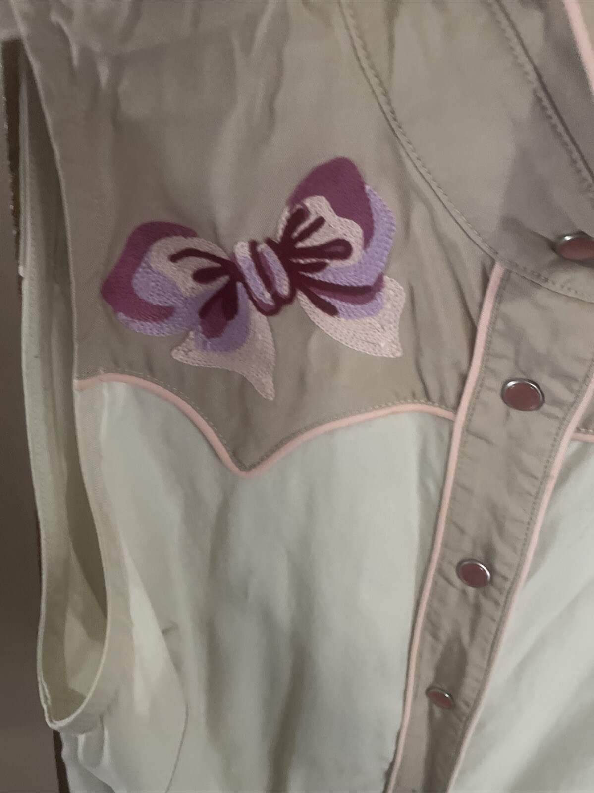 VTG H BAR C California Ranchwear Sleeveless M Pearl Snap Shirt Embroidered Bows