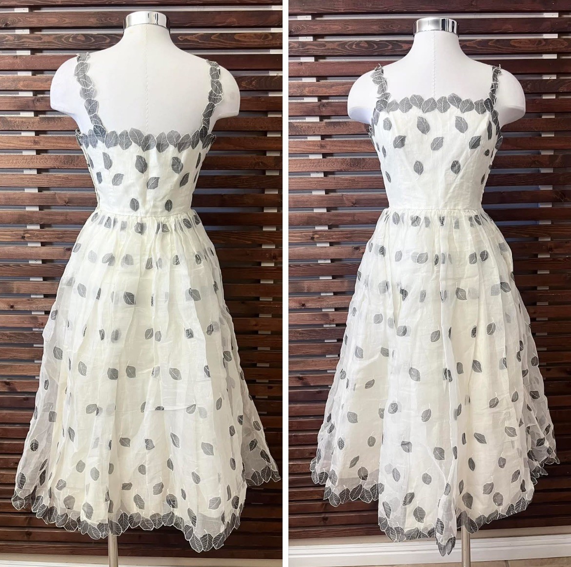 Vintage 1950s 50s Lanz Original Ivory & Gray Sheer Leaf Rockabilly VLV Dress