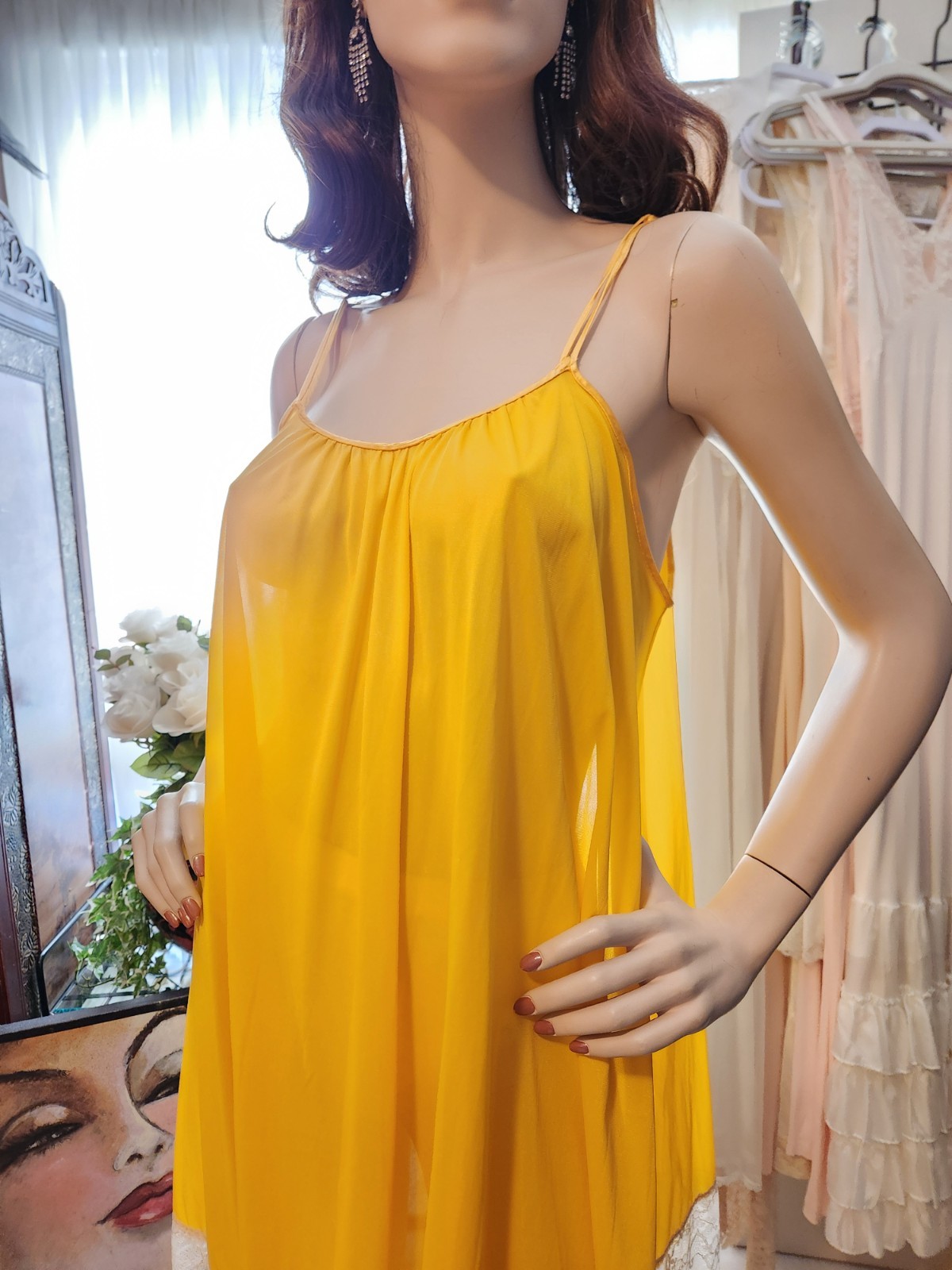 Vtg 60s Rare Van Raalte Mustard Yellow Nylon Babydoll Lace Hem Nightgown