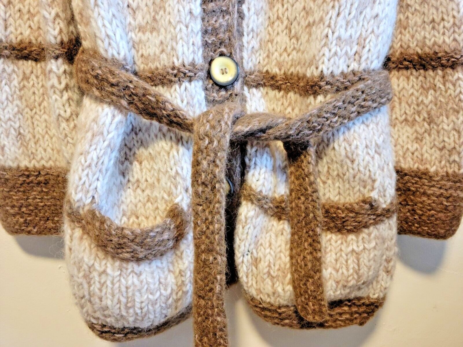 Hand Knitted Italian Wool Mix Shawl Belted Cardigan Brown Cream Vintage 70s Med